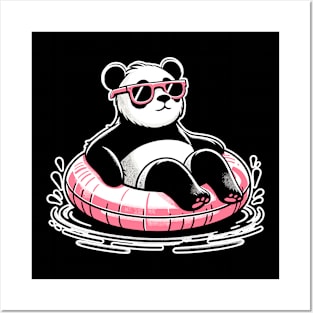 Pool Party Panda in Sunglasses on a Pink Float Funny Pool Panda Posters and Art